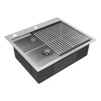 Мойка кухонная Paulmark Kroner PM705951-BS+R405-BS, 59 см, нержавеющая сталь, с ролл-матом Step, брашированная нержавеющая сталь