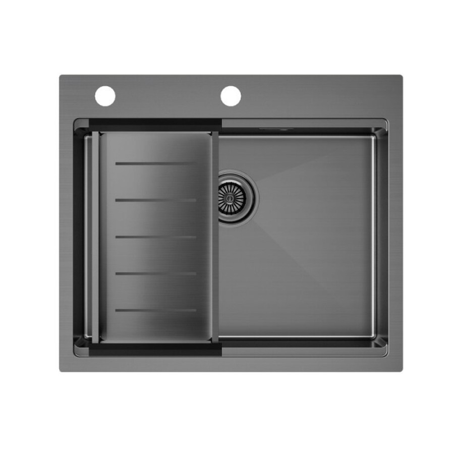 Мойка кухонная Paulmark Kroner-Pro PM705951-GM+A405-GM, 59 см, нержавеющая сталь, цвет вороненая сталь