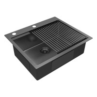 Мойка кухонная Paulmark Kroner PM705951-GM+R405-GM, 59 см, нержавеющая сталь, PVD покрытие, с ролл-матом Step, вороненая сталь