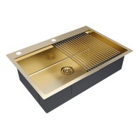 Мойка кухонная Paulmark Kroner PM707551-BG+R405-BG, 75 см, нержавеющая сталь, PVD покрытие, с ролл-матом Step, золото брашированное