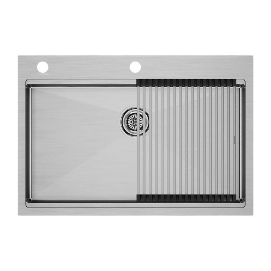 Мойка кухонная Paulmark Kroner PM707551-BS+R405-BS, 75 см, нержавеющая сталь, с ролл-матом Step, брашированная нержавеющая сталь