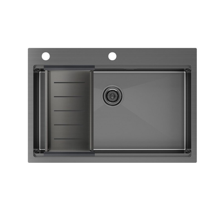 Мойка кухонная Paulmark Kroner-Pro PM707551-GM+A405-GM, 75 см, нержавеющая сталь, цвет вороненая сталь