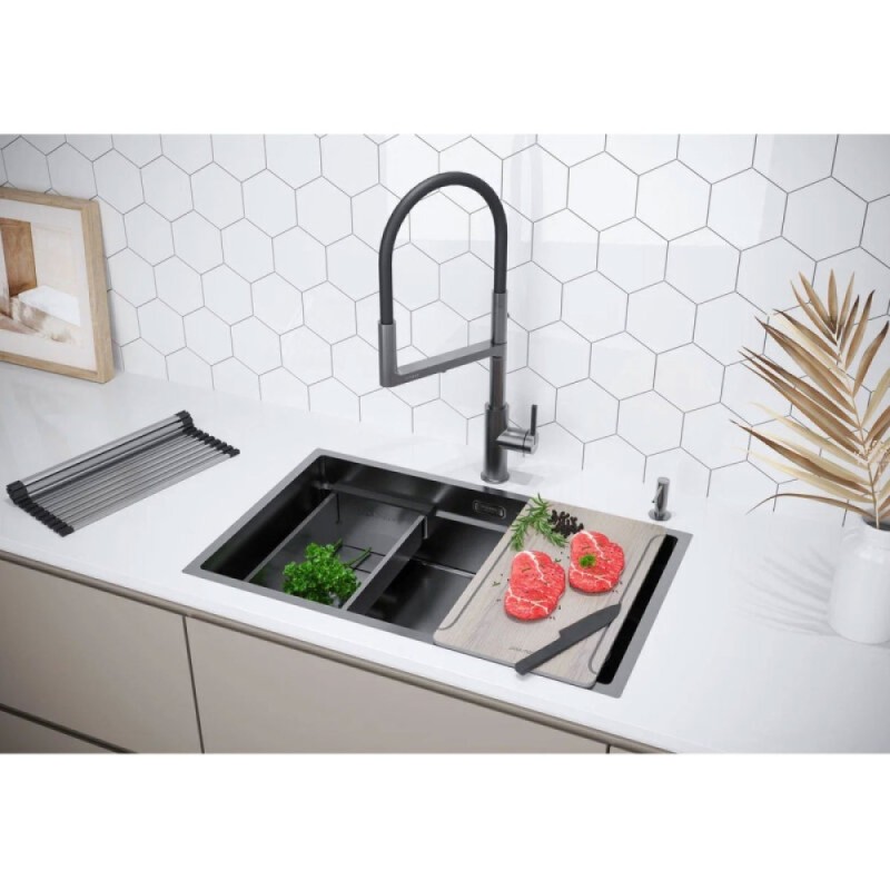 Мойка кухонная Paulmark Multi Sink 74 Uni, PM787445-GM, 74 см, PVD покрытие, цвет вороненая сталь