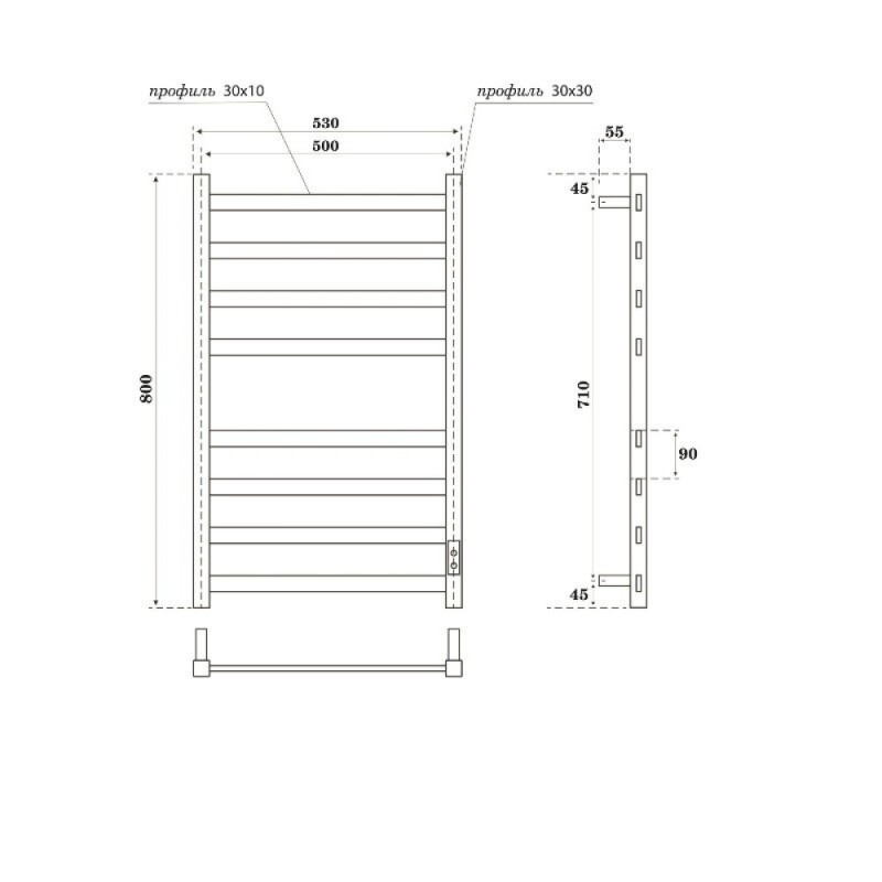 Полотенцесушитель электрический Point Меркурий PN83858GR, ширина 50 см, высота 80 см, диммер справа, цвет графит премиум