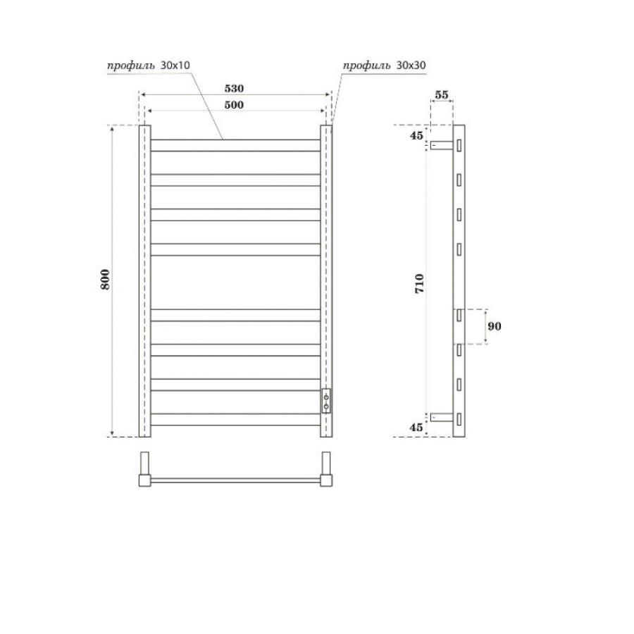 Полотенцесушитель электрический Point Меркурий PN83858GR, ширина 50 см, высота 80 см, диммер справа, цвет графит премиум