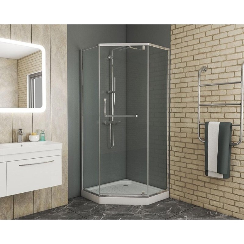Душевой уголок Grossman Pragma PR-90SD, 90 x 90 см пятиугольный, стекло прозрачное, цвет профиля - серебро, с полотенцедержателем