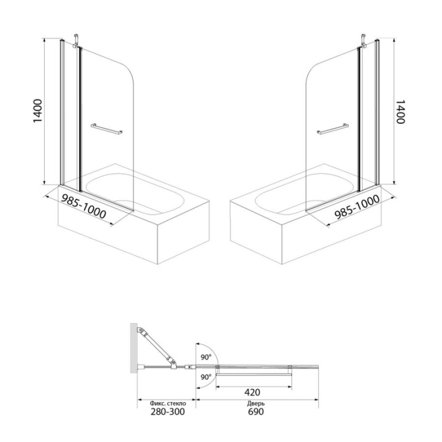 Шторка на ванну Iddis Ray 100 x 140 см распашная, стекло прозрачное, хром, RAY6CS0i90