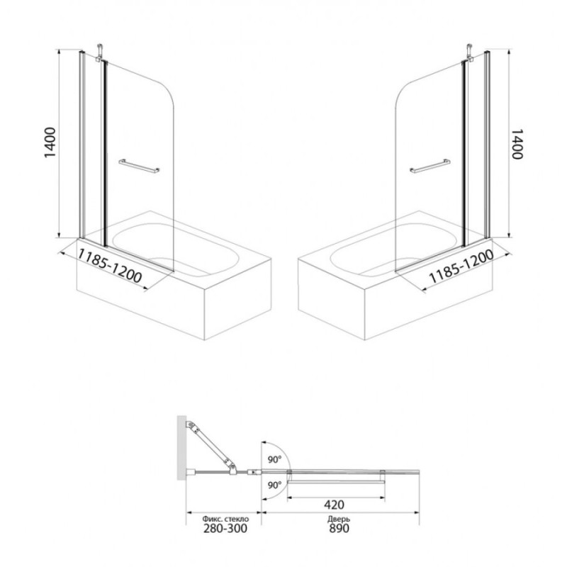 Шторка на ванну Iddis Ray 120 x 140 см распашная, стекло прозрачное, хром, RAY6CS2i90