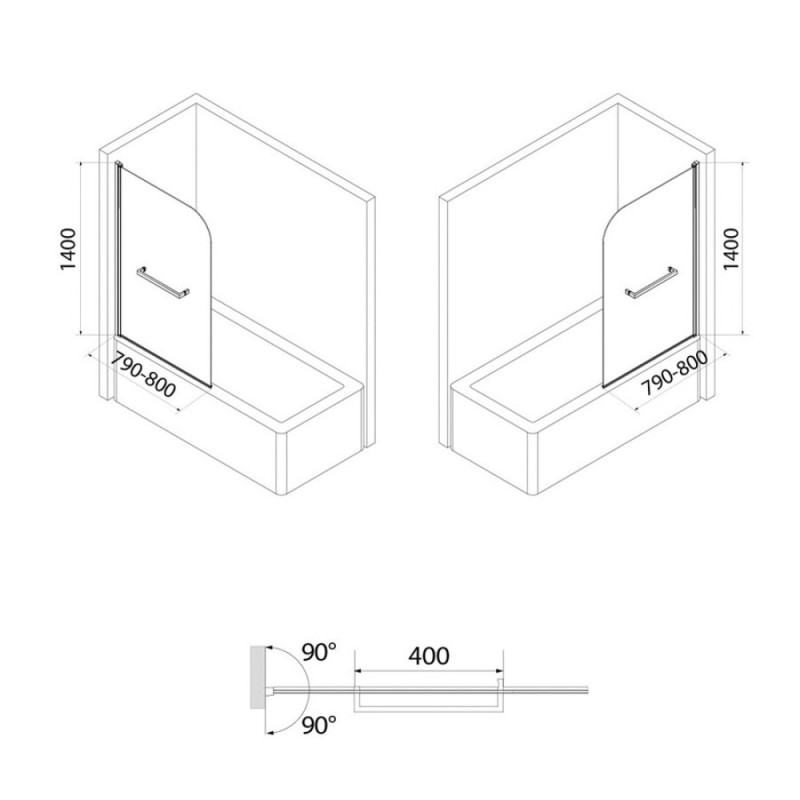 Шторка на ванну Iddis Ray 80 x 140 см распашная, стекло прозрачное, хром, RAY6CS8i90