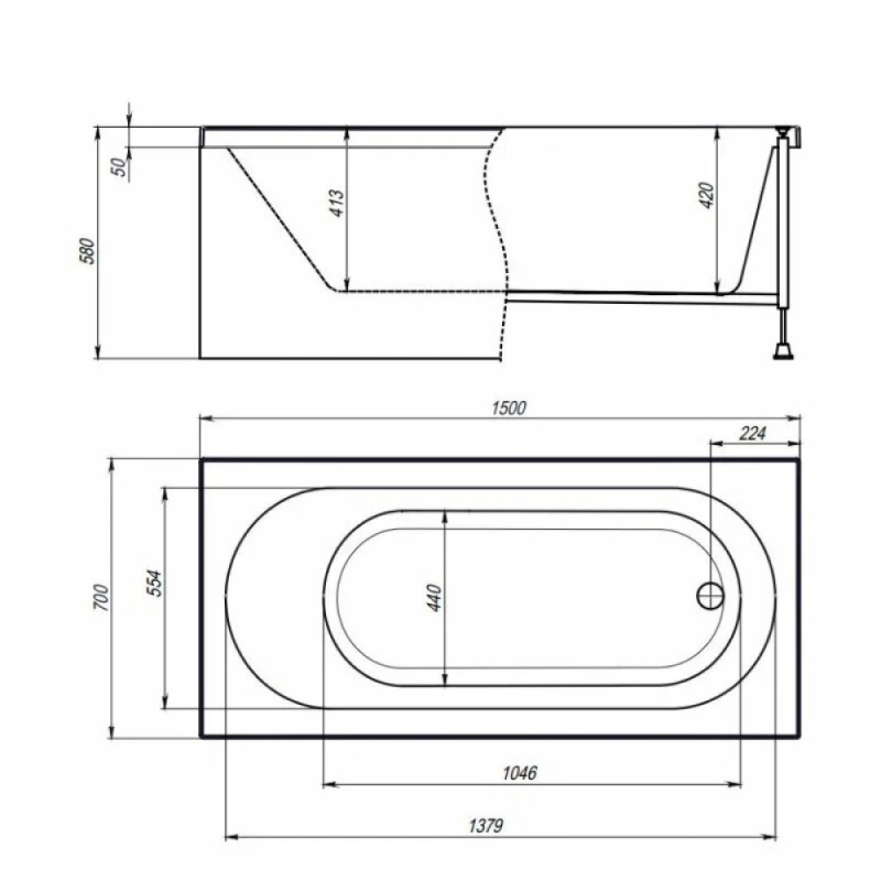 Акриловая ванна Timo ROHA1570-KT15-SPV1505, 150 х 70 см, цвет белый