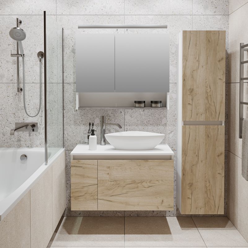 Тумба под раковину Runo Бари 80 00-00001375 подвесная Крафт дуб Белая