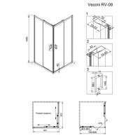 Душевой уголок Veconi Rovigo 80 x 80 см, дверь раздвижная, стекло прозрачное, принт клетка, профиль черный матовый, RV09-80-01-C7
