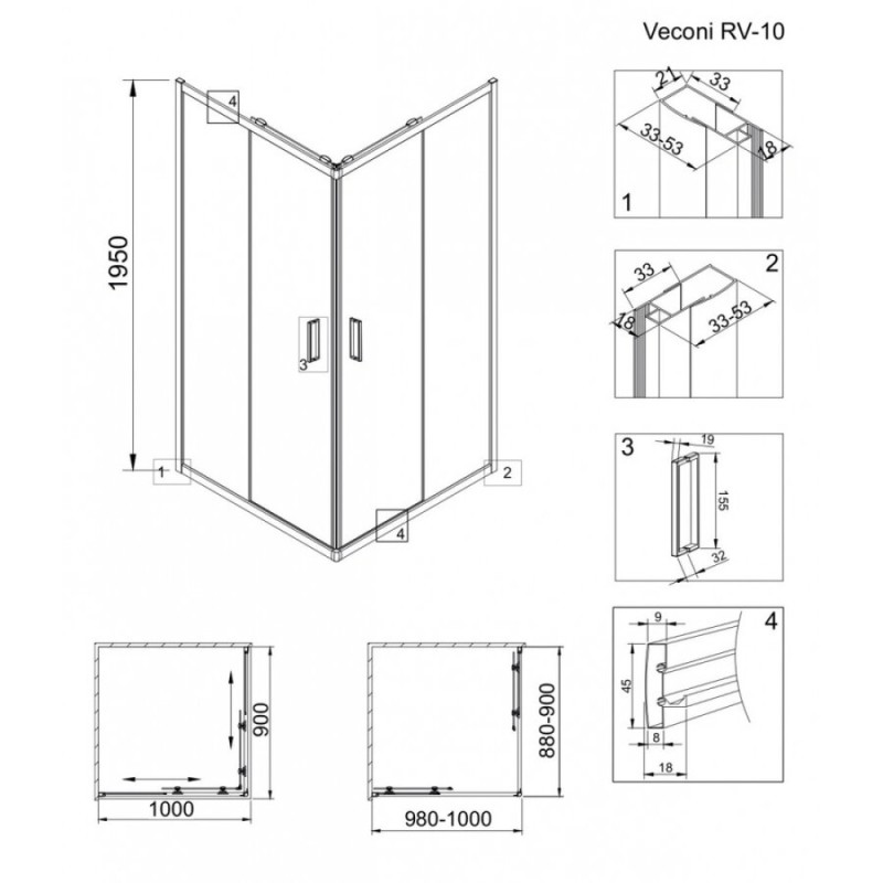 Душевой уголок Veconi Rovigo 100 x 90 см, дверь раздвижная, стекло прозрачное, профиль хром, RV10-10090-01-C5