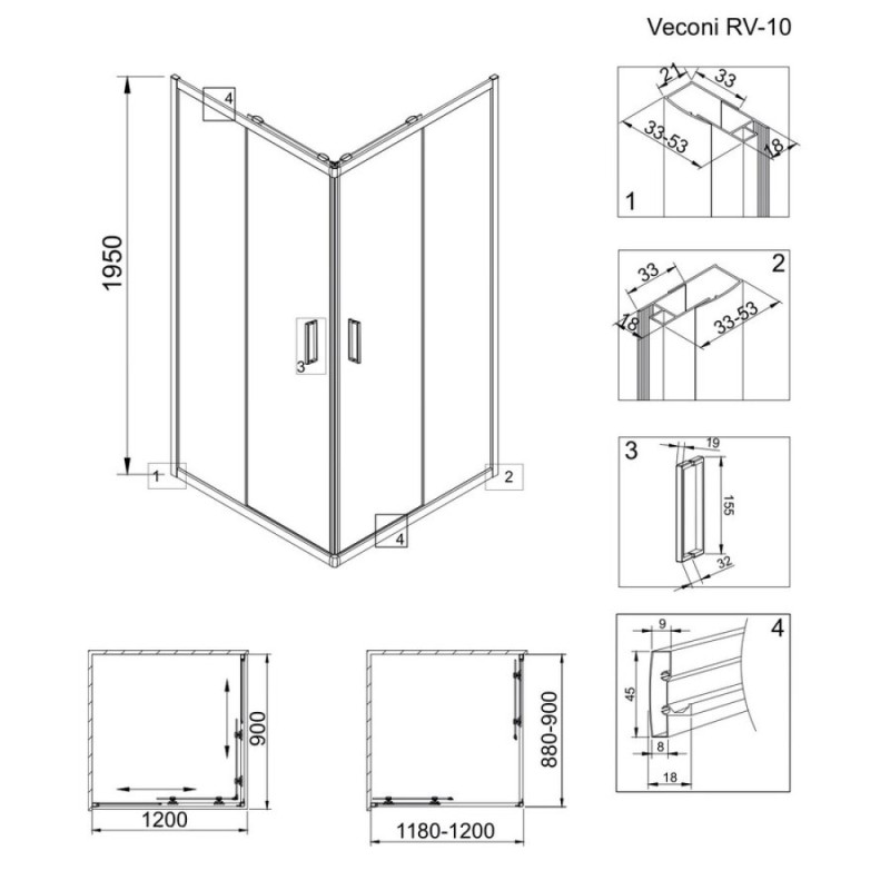 Душевой уголок Veconi Rovigo 120 x 90 см, дверь раздвижная, стекло прозрачное, профиль хром, RV10-12090-01-C5