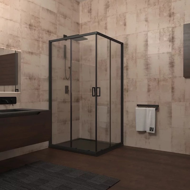 Душевой уголок Veconi Rovigo 80 x 80 см, дверь раздвижная, стекло прозрачное, профиль черный матовый, RV13-80-01-C5