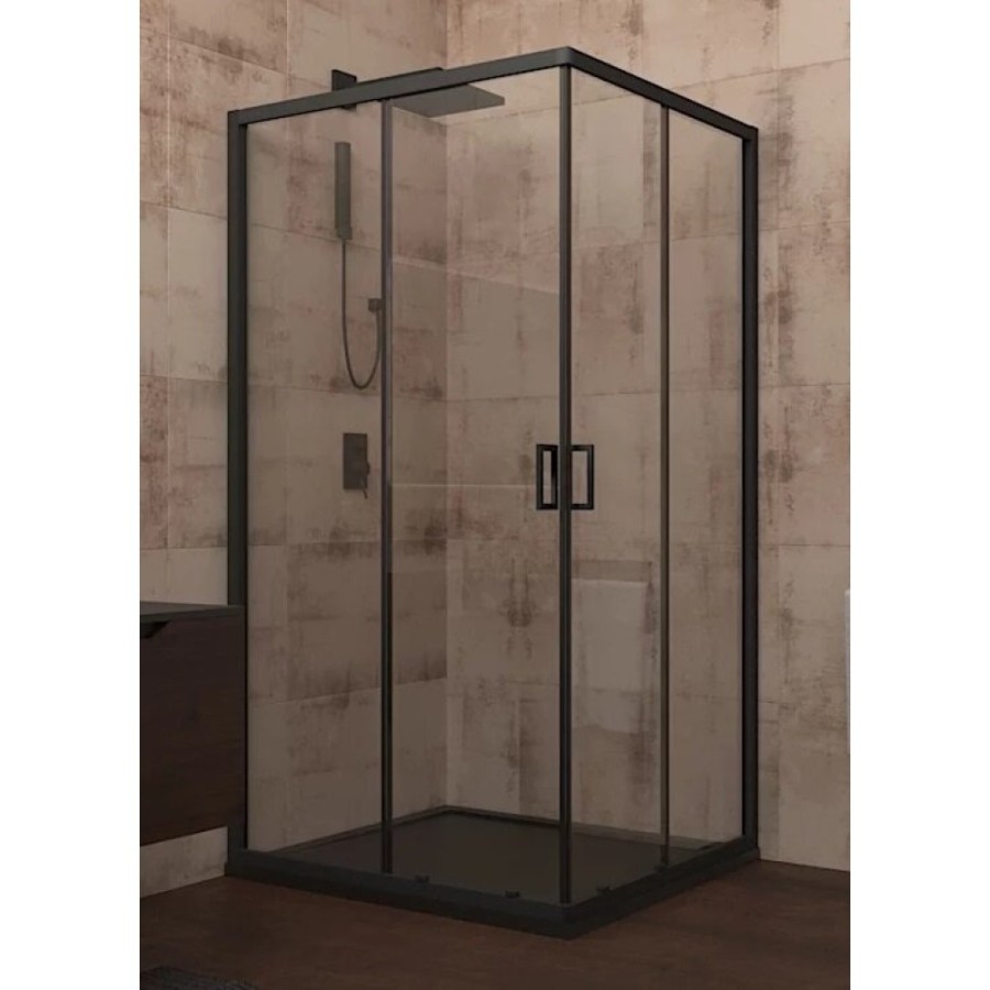 Душевой уголок Veconi Rovigo 80 x 80 см, дверь раздвижная, стекло прозрачное, профиль черный матовый, RV13-80-01-C5