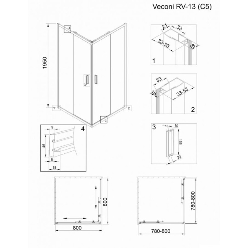 Душевой уголок Veconi Rovigo 80 x 80 см, дверь раздвижная, стекло прозрачное, профиль черный матовый, RV13-80-01-C5