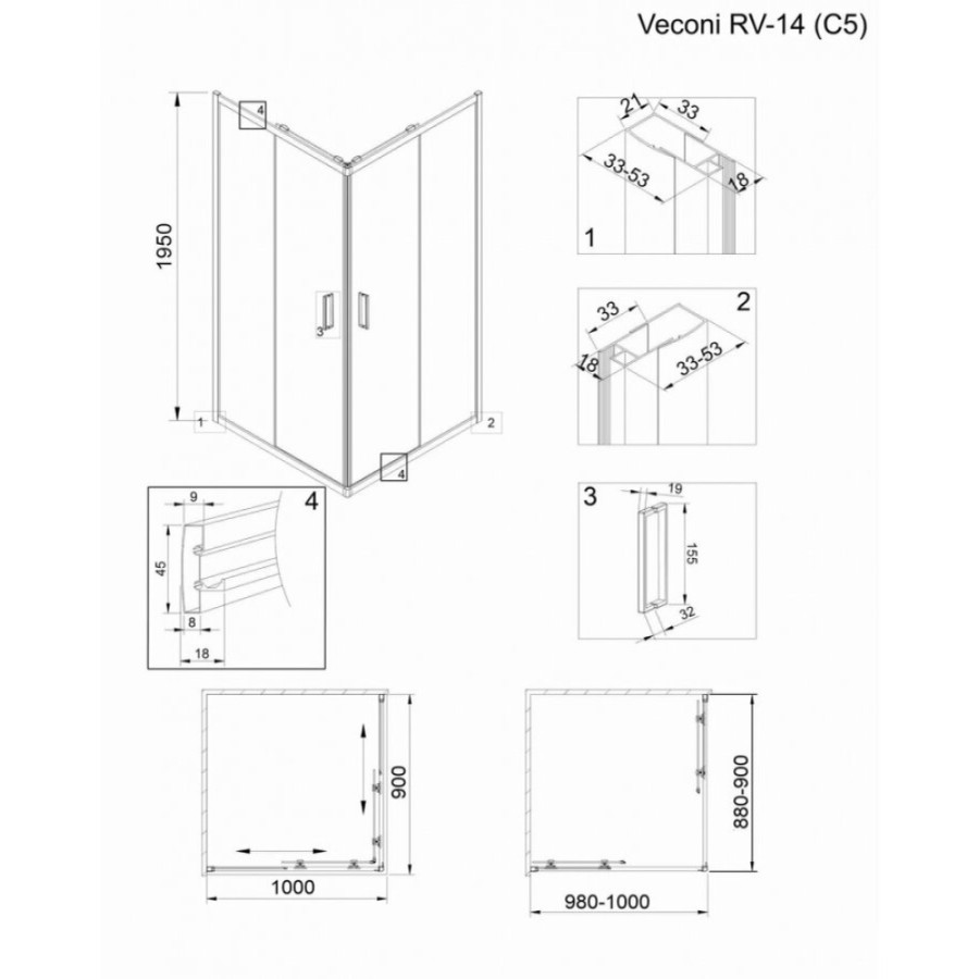 Душевой уголок Veconi Rovigo 100 x 90 см, дверь раздвижная, стекло прозрачное, профиль черный матовый, RV14-10090-01-C5