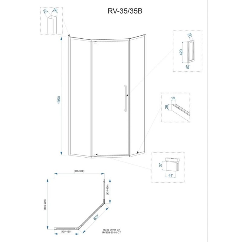 Душевой уголок Veconi Rovigo 90 x 90 см, дверь распашная, стекло прозрачное, профиль черный матовый, RV35B-90-01-C7
