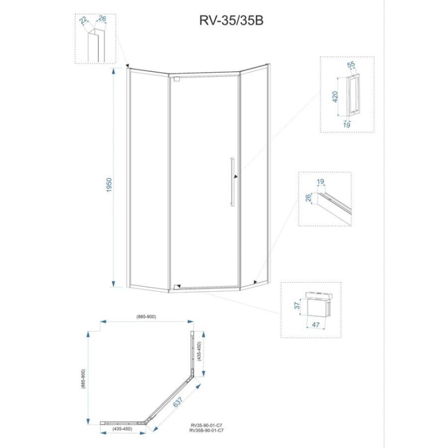 Душевой уголок Veconi Rovigo 90 x 90 см, дверь распашная, стекло прозрачное, профиль черный матовый, RV35B-90-01-C7