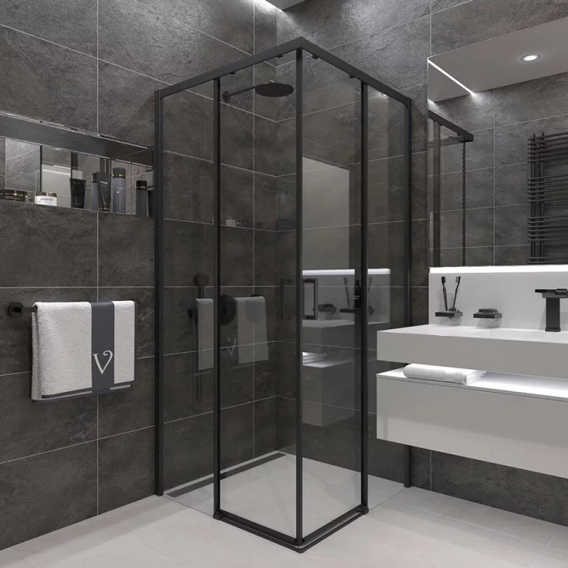 Душевой уголок Veconi Rovigo 80 x 80 см, дверь раздвижная, стекло прозрачное, профиль черный матовый, RV47B-80-01-C4
