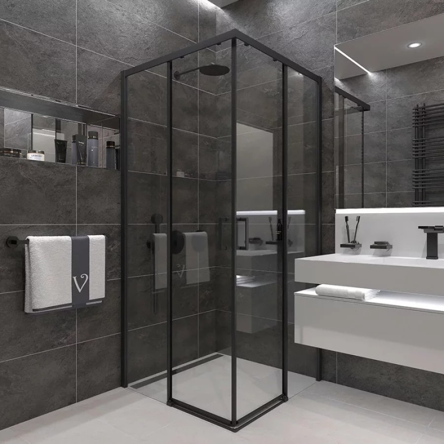 Душевой уголок Veconi Rovigo 80 x 80 см, дверь раздвижная, стекло прозрачное, профиль черный матовый, RV47B-80-01-C4