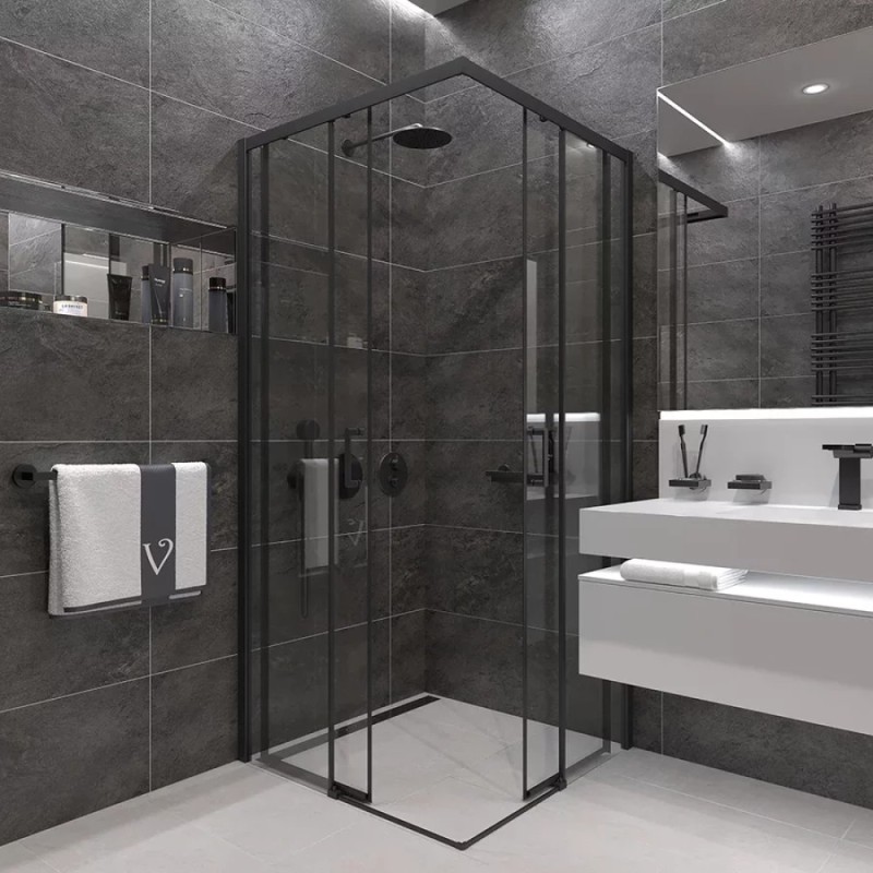Душевой уголок Veconi Rovigo 80 x 80 см, дверь раздвижная, стекло прозрачное, профиль черный матовый, RV47B-80-01-C4