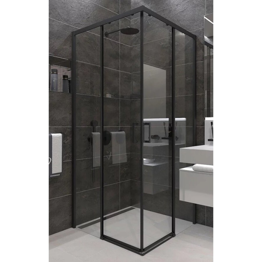 Душевой уголок Veconi Rovigo 90 x 90 см, дверь раздвижная, стекло прозрачное, профиль черный матовый, RV47B-90-01-C4