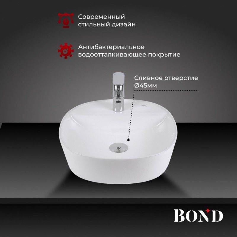 BOND S01-410 Раковина накладная 41*41*11,5см белая с отверстием под смеситель