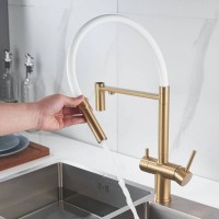 Смеситель для кухонной мойки Shevanik S178G, с гибким изливом, с подключением к фильтру, цвет золотой сатин/белый