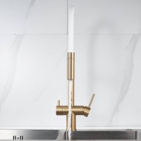Смеситель для кухонной мойки Shevanik S178G, с гибким изливом, с подключением к фильтру, цвет золотой сатин/белый