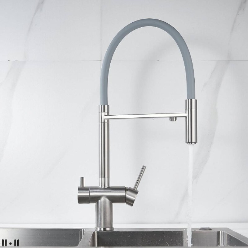 Смеситель для кухонной мойки Shevanik S178L, с гибким изливом, с подключением к фильтру, цвет сатин/серый