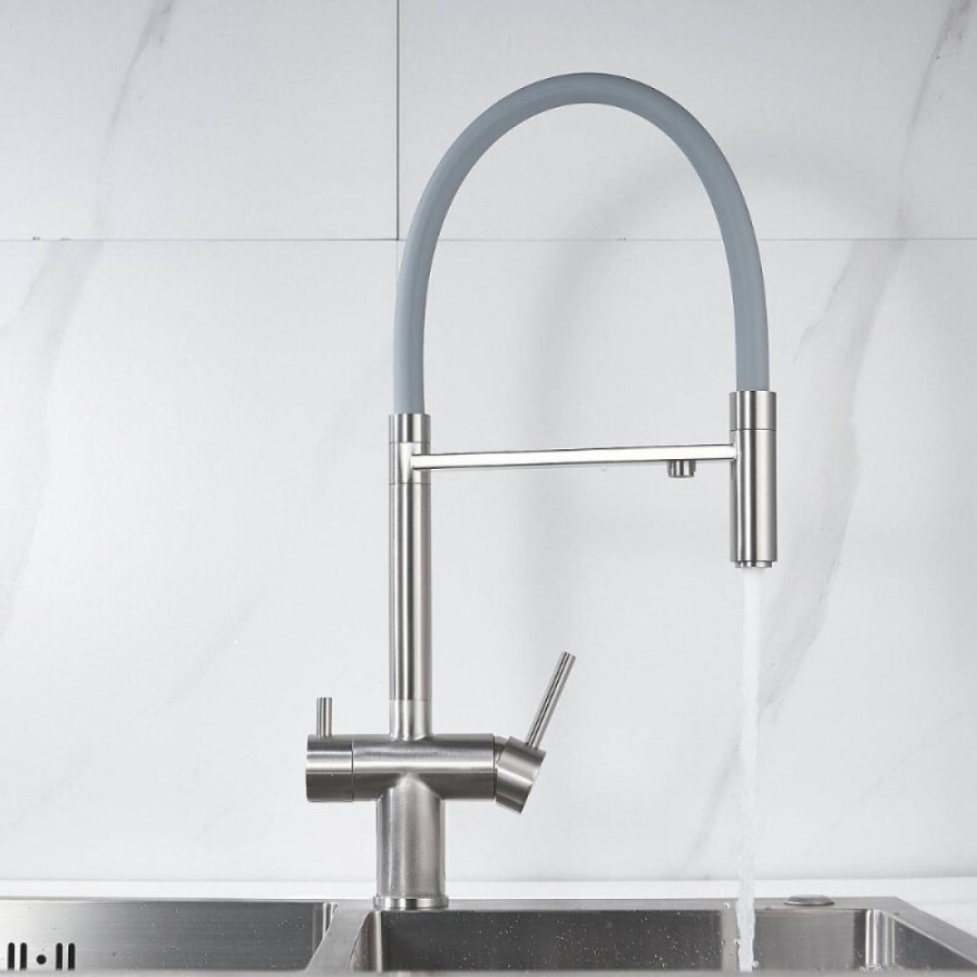 Смеситель для кухонной мойки Shevanik S178L, с гибким изливом, с подключением к фильтру, цвет сатин/серый