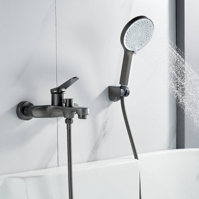 Смеситель для ванны и душа Shevanik S6202T, с душевым гарнитуром, вороненая сталь, gunmetal