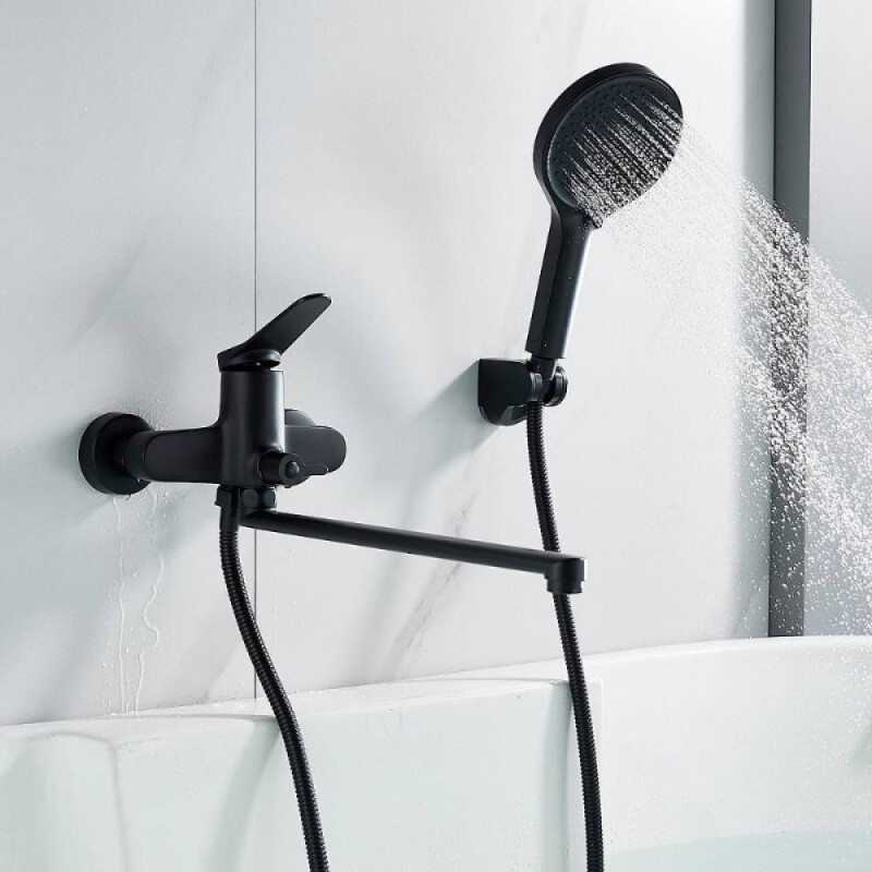 Смеситель для ванны и душа Shevanik S6222H, с душевым гарнитуром, цвет черный матовый