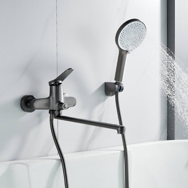 Смеситель для ванны и душа Shevanik S6222T, с душевым гарнитуром, вороненая сталь, gunmetal