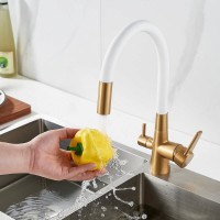 Смеситель для кухонной мойки Shevanik S668G, с гибким изливом, с подключением к фильтру, цвет золото сатин/белый