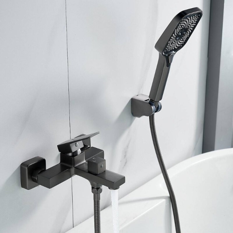 Смеситель для ванны и душа Shevanik S9602T, с душевым гарнитуром, вороненая сталь, gunmetal