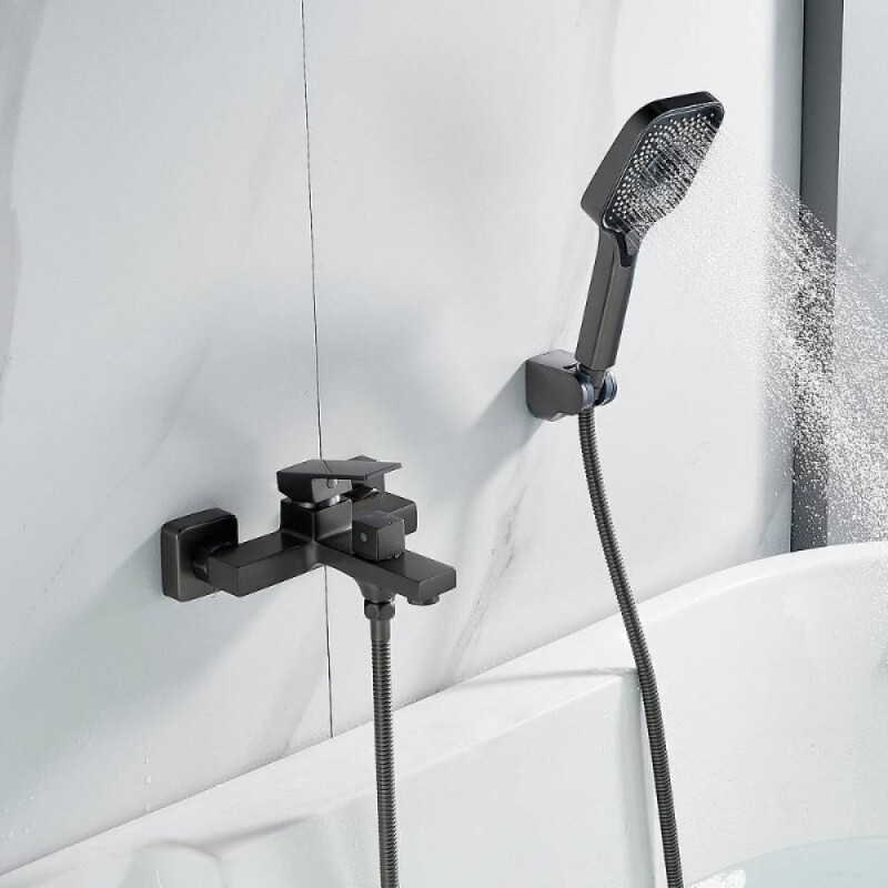 Смеситель для ванны и душа Shevanik S9602T, с душевым гарнитуром, вороненая сталь, gunmetal