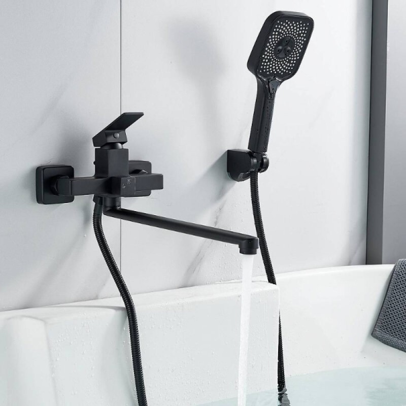 Смеситель для ванны и душа Shevanik S9622H, с душевым гарнитуром, цвет черный матовый