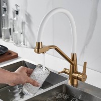 Смеситель для кухонной мойки Shevanik S968G, с гибким изливом, с подключением к фильтру, цвет золотой сатин/белый