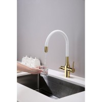 Смеситель Paulmark Salix Sa213419-Gw для кухонной мойки, под фильтр, с гибким изливом, золото/белый шланг