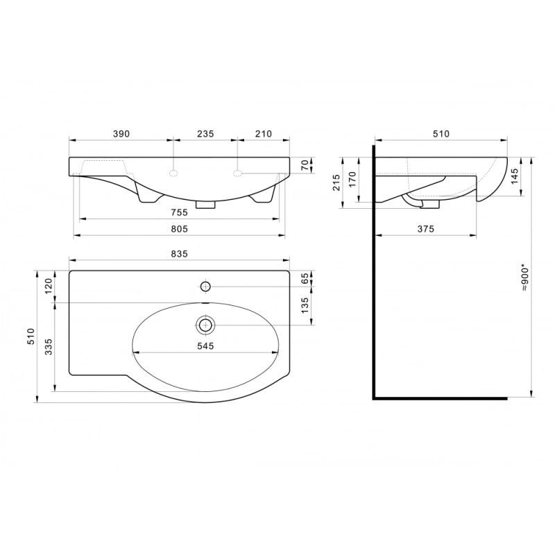 Раковина Santek Коралл 83 отверстие под смеситель 1WH110225 с левым крылом