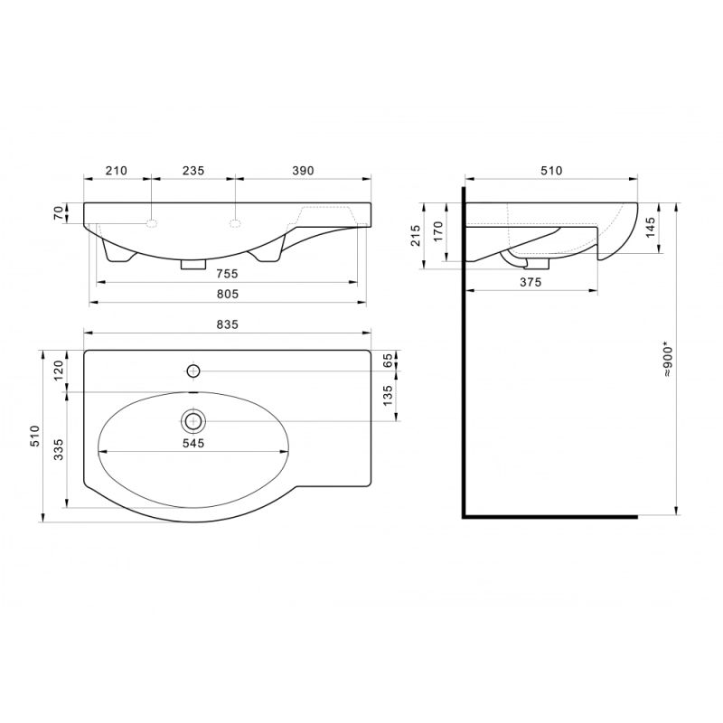 Раковина Santek Коралл 83 отверстие под смеситель 1WH110228 с правым крылом