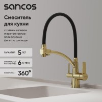 Смеситель для кухонной мойки Sancos Eri SC4001ZG, с подключением к фильтру, с гибким изливом, цвет полированное золото, PVD покрытие