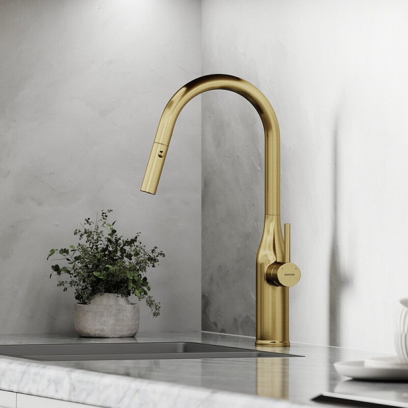 Смеситель для кухонной мойки Sancos Grand SC4002BG, с выдвижным изливом, цвет золото брашированное, PVD покрытие