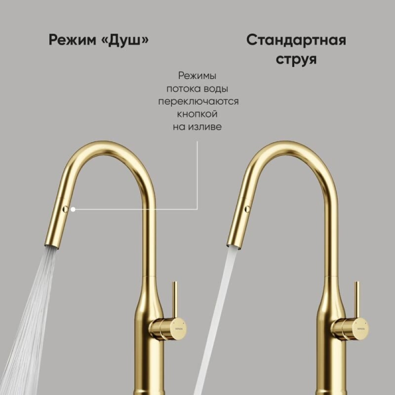 Смеситель для кухонной мойки Sancos Grand SC4002BG, с выдвижным изливом, цвет золото брашированное, PVD покрытие
