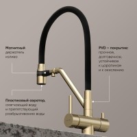 Смеситель для кухонной мойки Sancos Dora SC4003BG, с подключением к фильтру, с гибким изливом, цвет золото брашированное, PVD покрытие