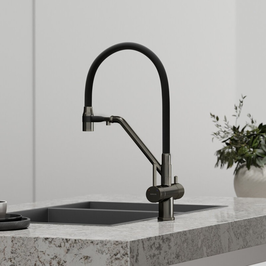 Смеситель для кухонной мойки Sancos Dora SC4003GG, с подключением к фильтру, с гибким изливом, цвет воронёная сталь, gunmetal