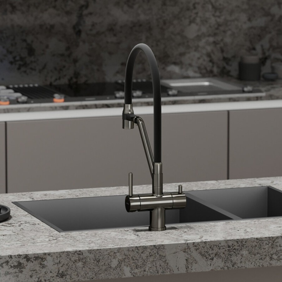 Смеситель для кухонной мойки Sancos Dora SC4003GG, с подключением к фильтру, с гибким изливом, цвет воронёная сталь, gunmetal